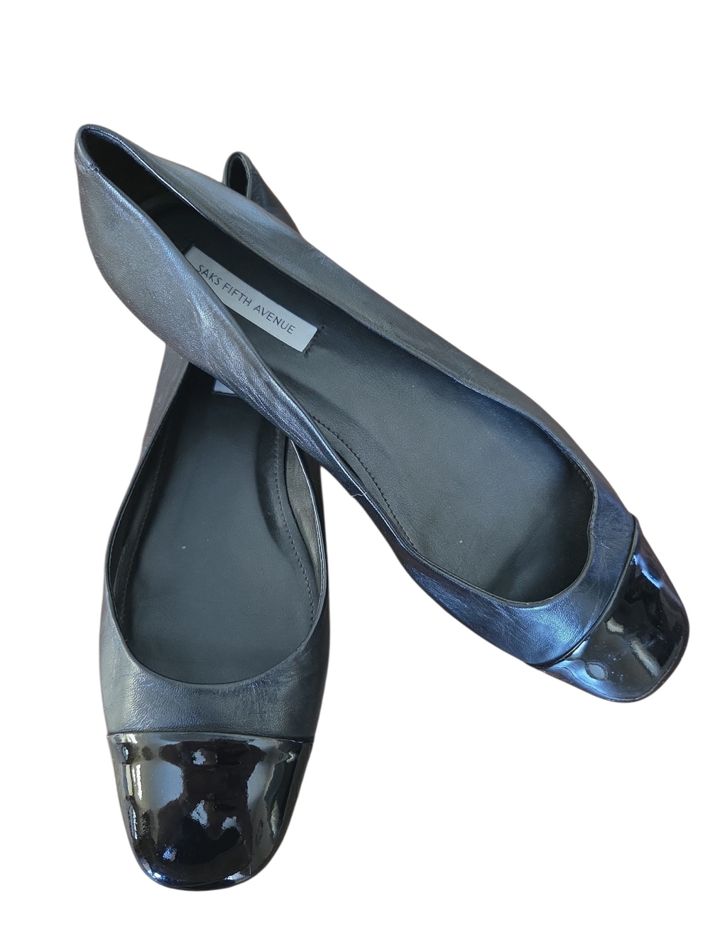 Saks Fifth Avenue Black Leather Flats with Patent Black Cap Toe